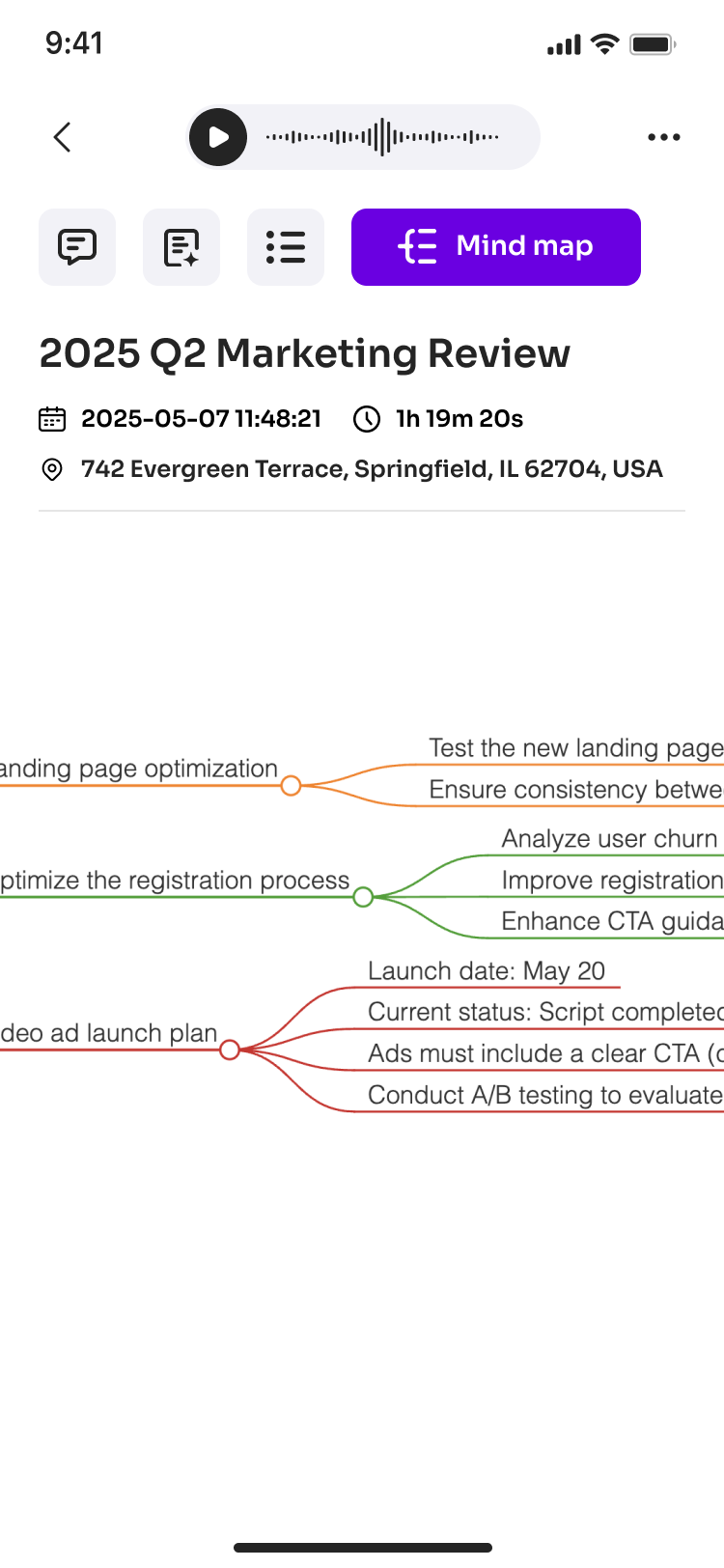 AI Meeting Recording interface showing real-time transcription